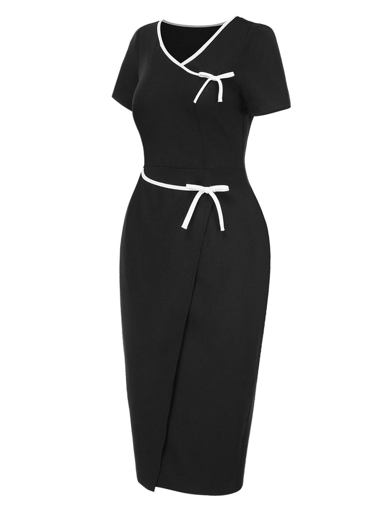 [Prévente] Robe crayon noire nœud papillon bordure contrastante années 1960