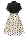 Robe trapèze noire à volants roses dorées col montant années 1950