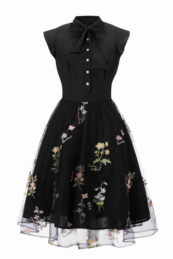 [Prévente] Robe noire en maille brodée de fleurs à col cravate des années 1950