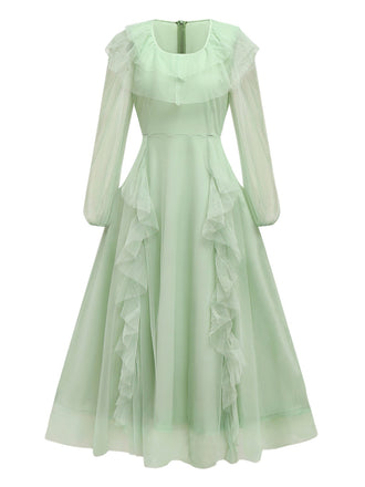 Robe verte en maille unie à volants manches illusion des années 1930