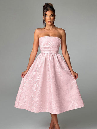 Robe bandeau à lacets en jacquard fleur uni des années 1950