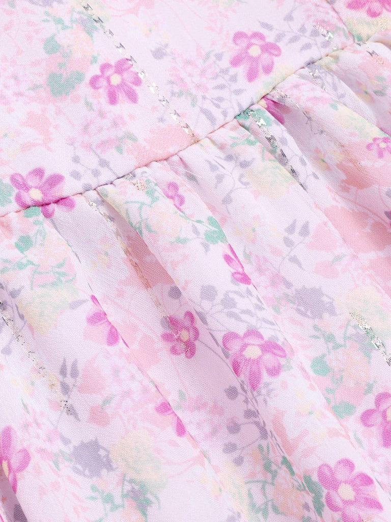 [Prévente] Robe fleurie rose à volants épaules dénudées années 1950