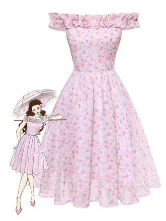 [Prévente] Robe rose à volants épaules dénudées années 1950