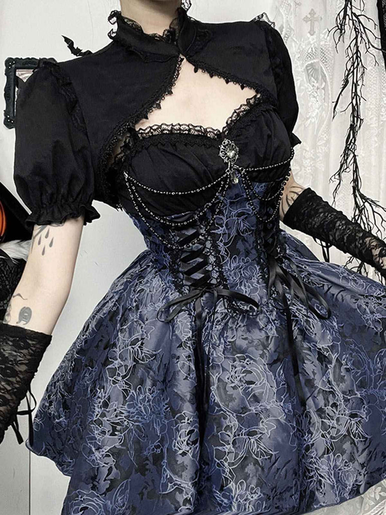 Robe tutu à lacets fleuri bleu style gothique des années 1980