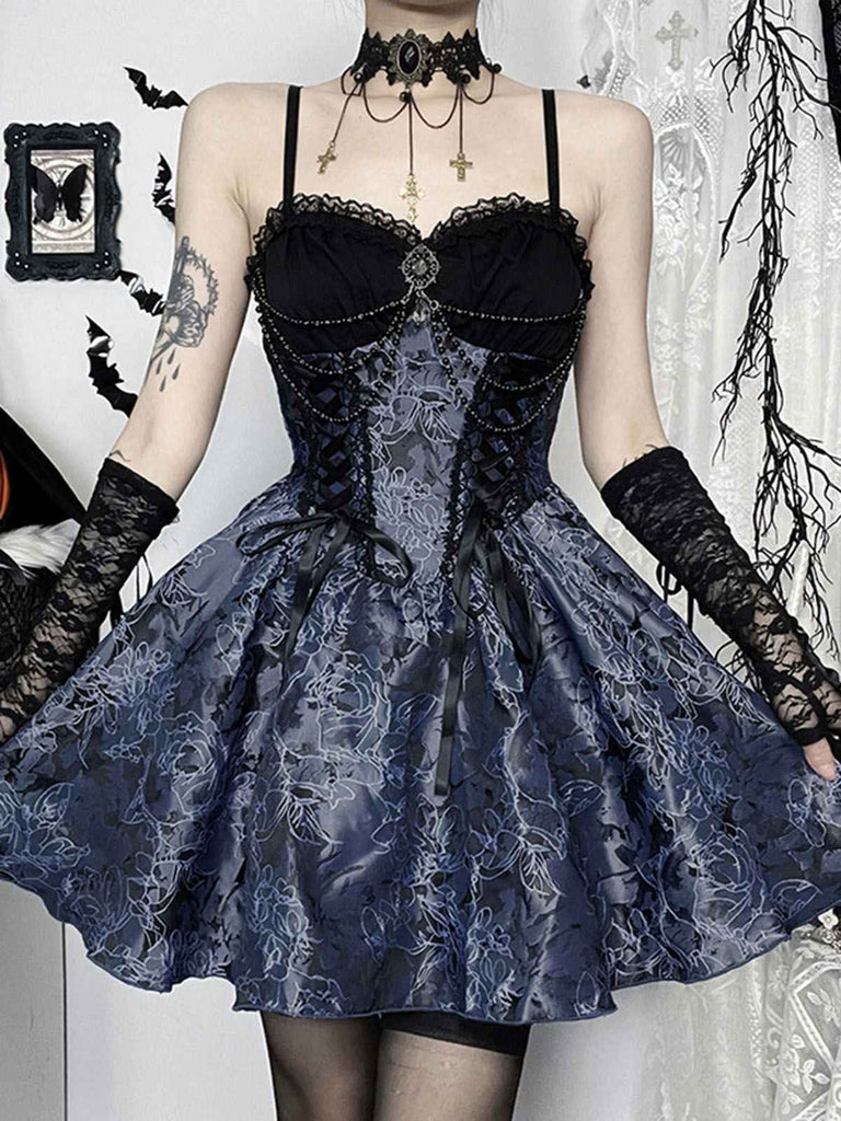 Robe tutu à lacets fleuri bleu style gothique des années 1980