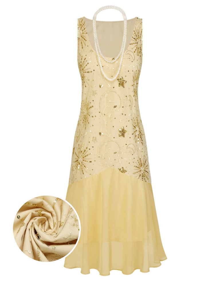 [Prévente] Robe champagne en maille pailletée avec collier perles années 1920