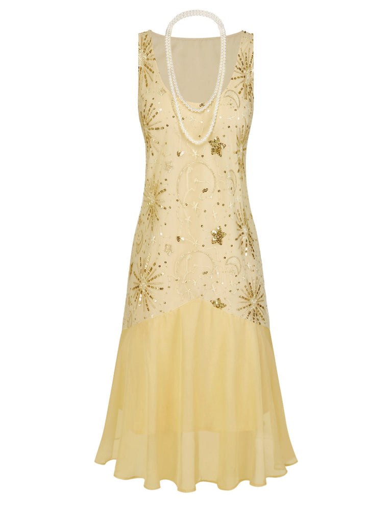 [Prévente] Robe champagne en maille pailletée avec collier perles années 1920