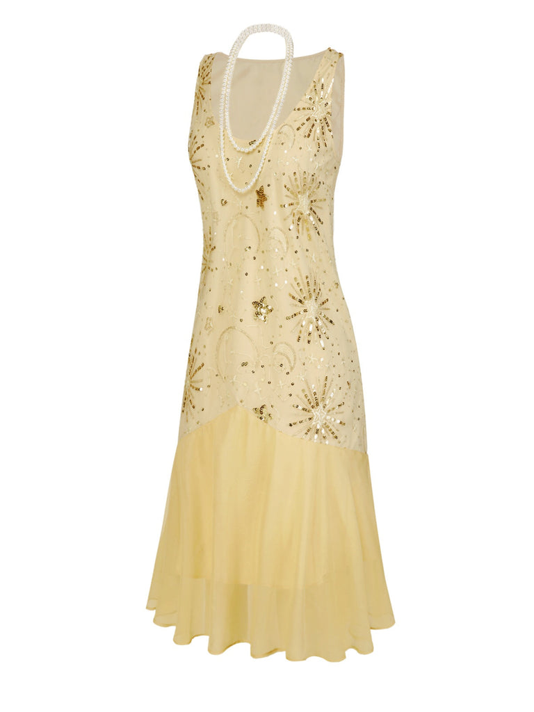 [Prévente] Robe champagne en maille pailletée avec collier perles années 1920