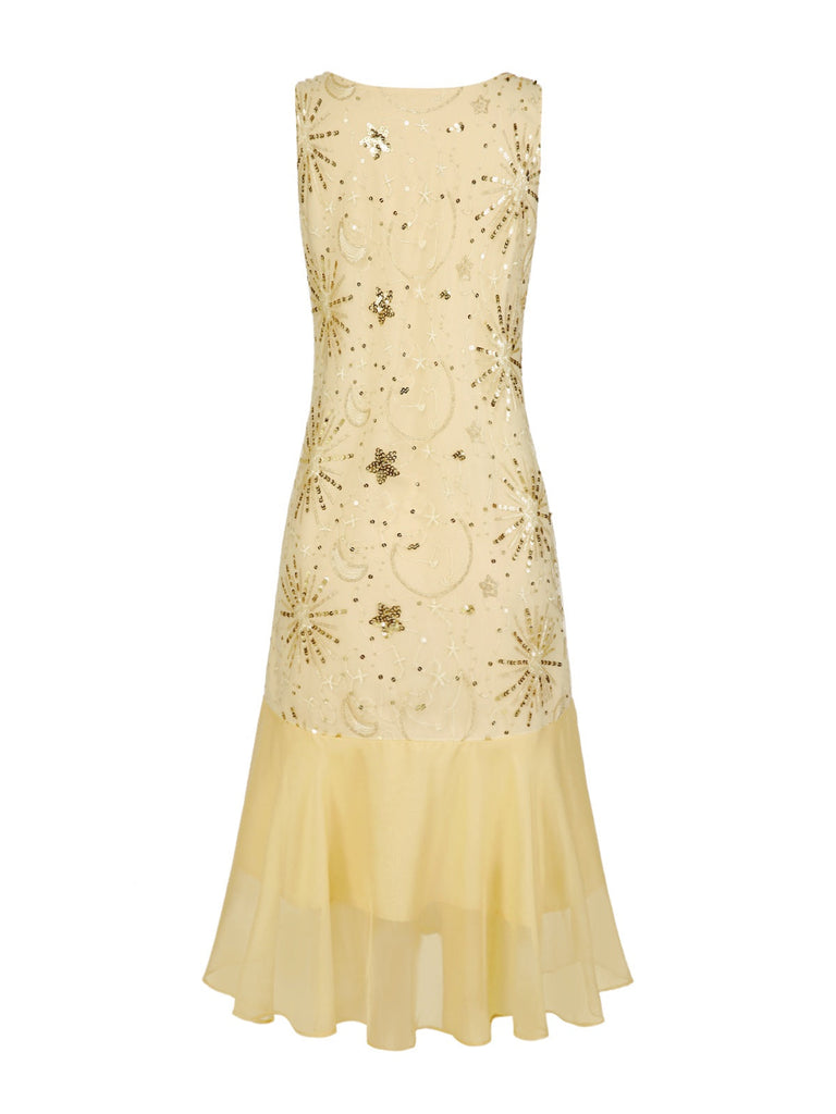 [Prévente] Robe champagne en maille pailletée avec collier perles années 1920