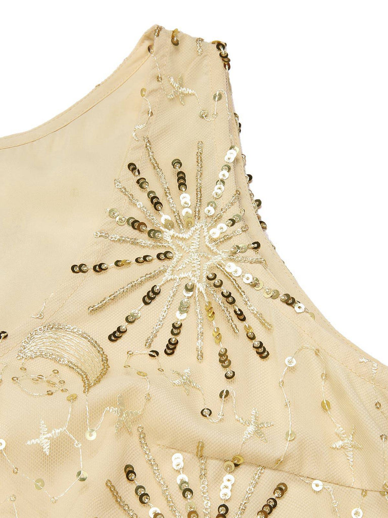 [Prévente] Robe champagne en maille pailletée avec collier perles années 1920