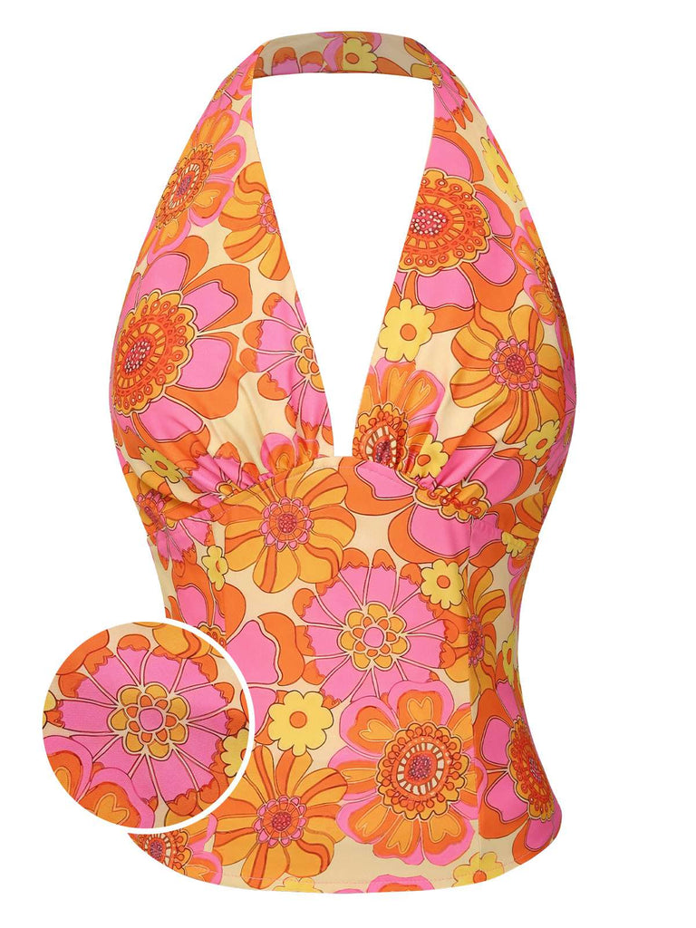 [Prévente] Haut dos nu fleuri hippie orange des années 1960