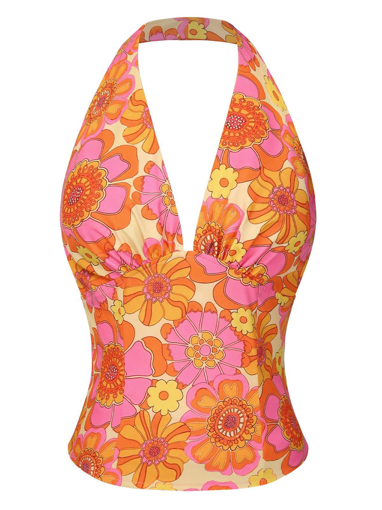 [Prévente] Haut dos nu fleuri hippie orange des années 1960