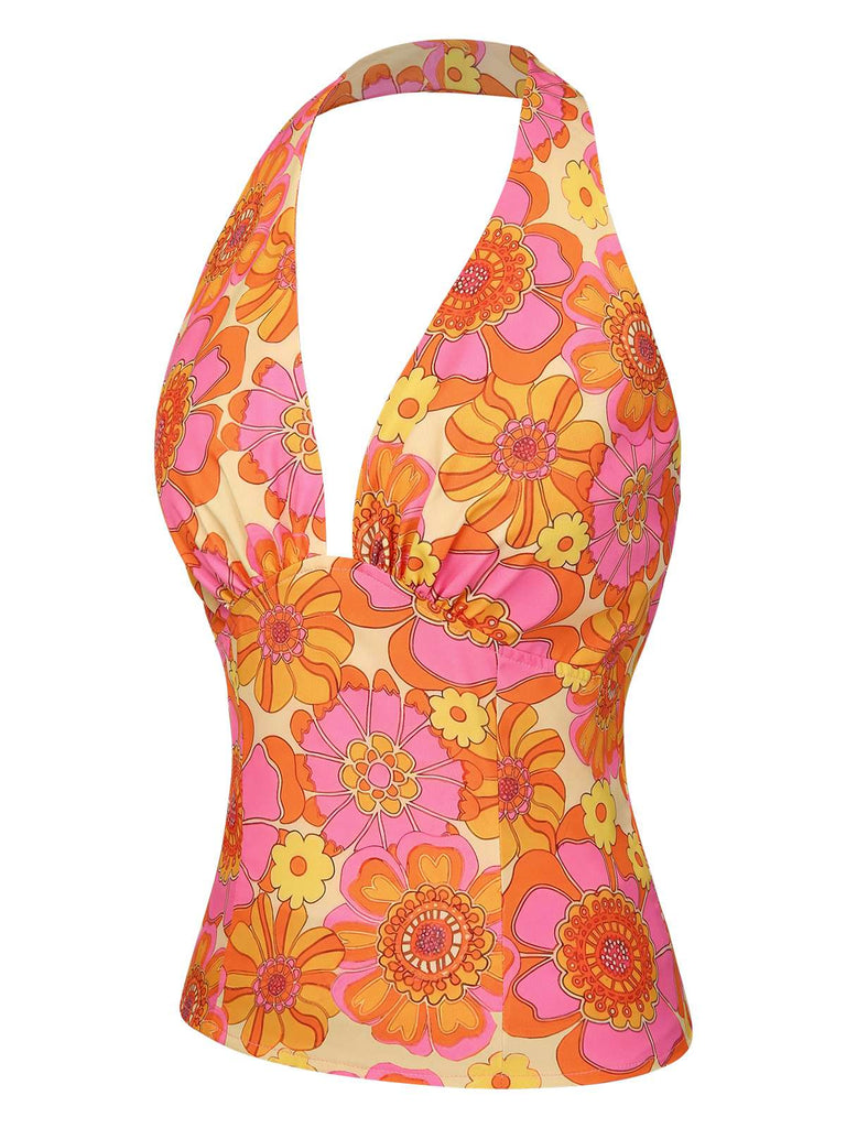 [Prévente] Haut dos nu fleuri hippie orange des années 1960