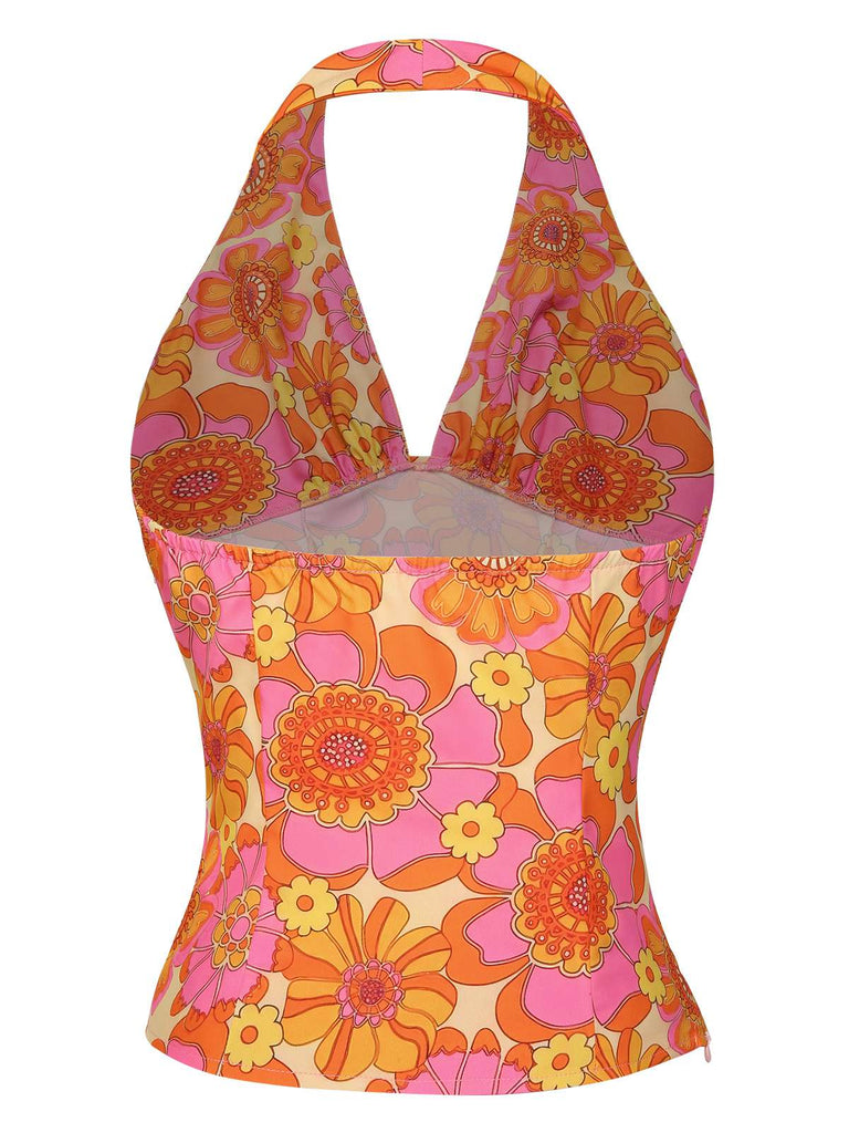 [Prévente] Haut dos nu fleuri hippie orange des années 1960