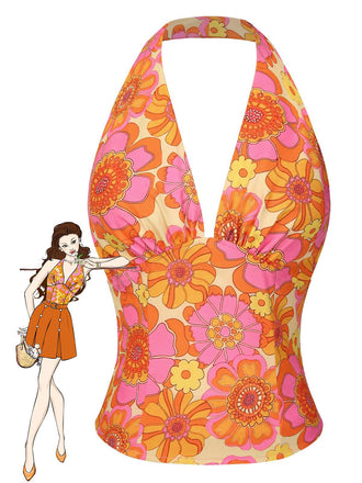 Haut dos nu fleuri hippie orange des années 1960