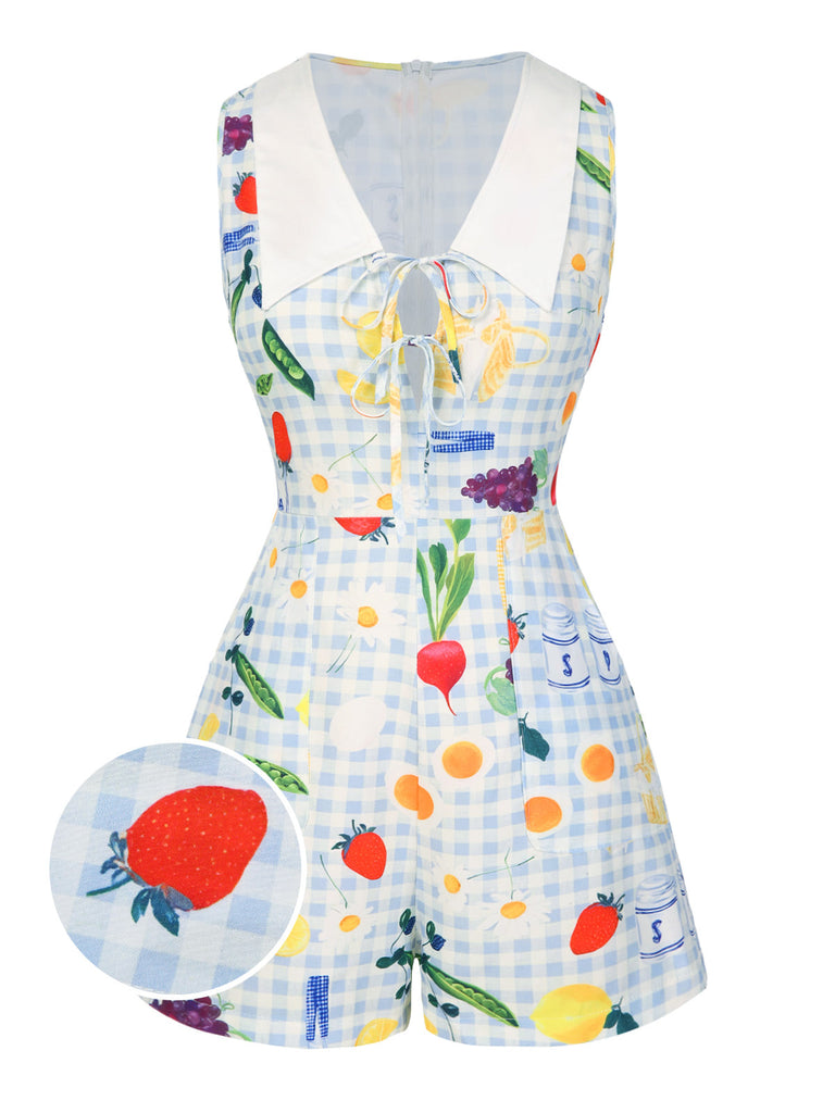 [Prévente] Combishort bleue à carreaux et fleurs années 1970
