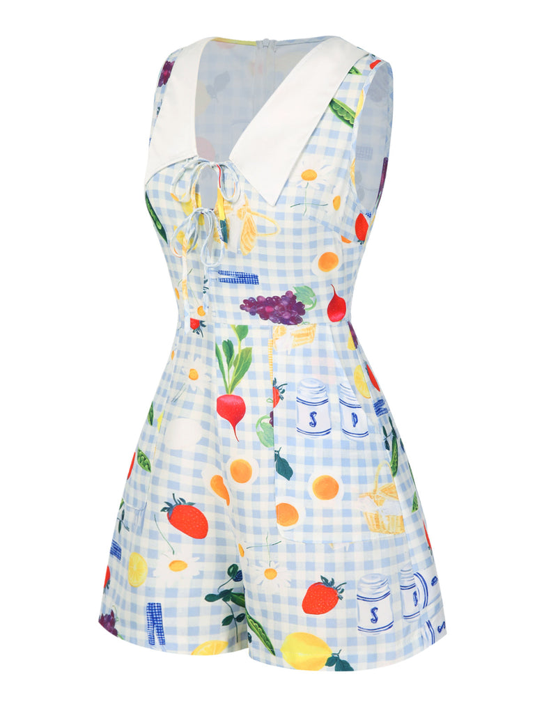 [Prévente] Combishort bleue à carreaux et fleurs années 1970