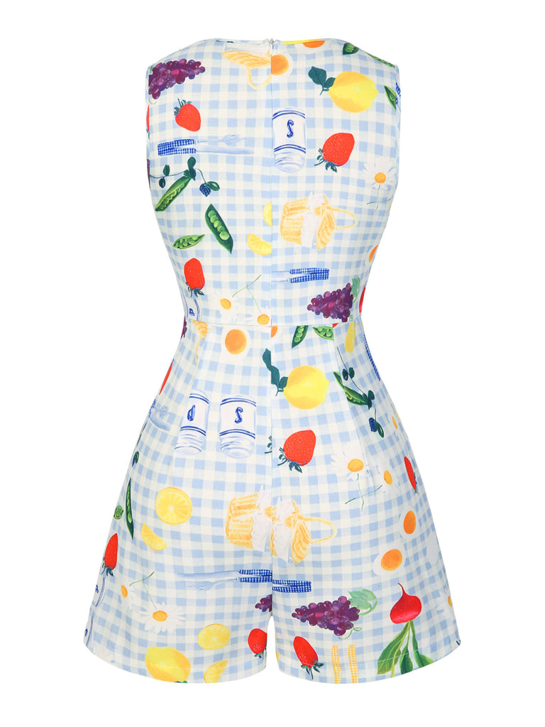 [Prévente] Combishort bleue à carreaux et fleurs années 1970