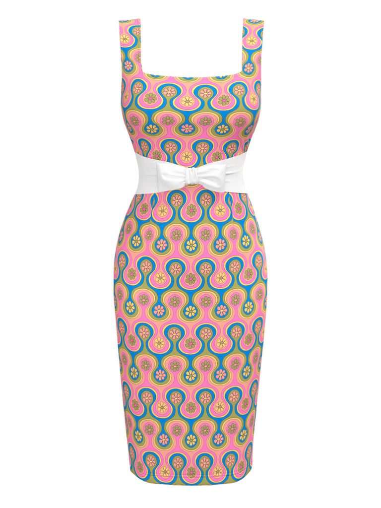 [Prévente] Robe crayon col carré florale et arc-en-ciel des années 1960