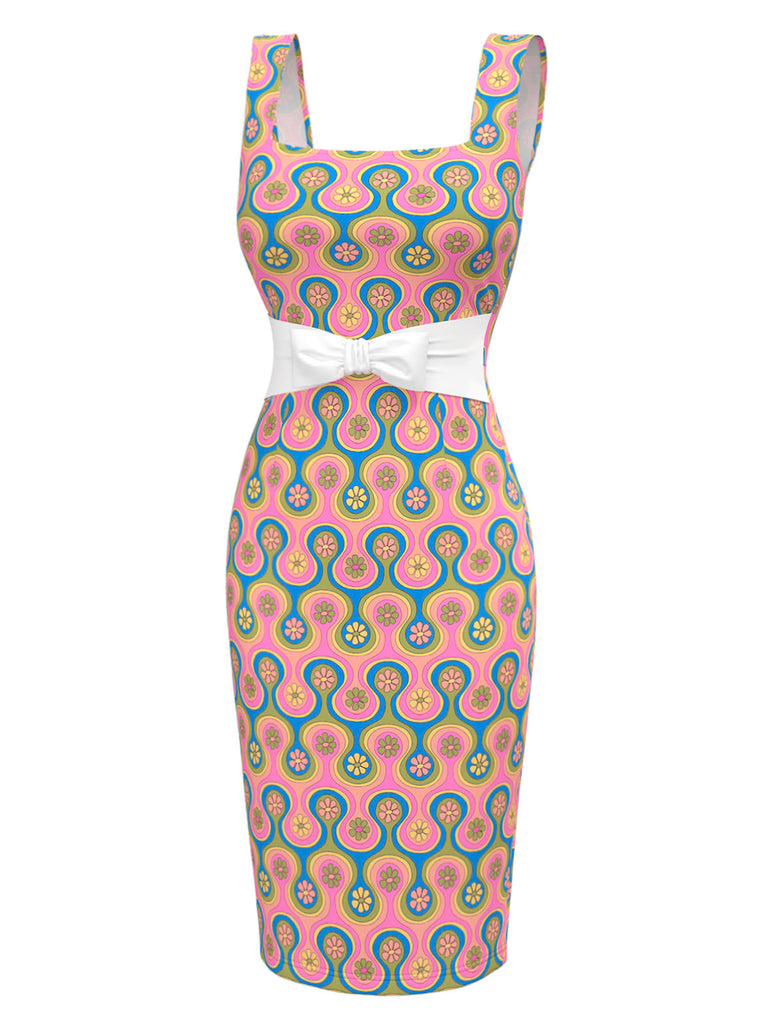 [Prévente] Robe crayon col carré florale et arc-en-ciel des années 1960