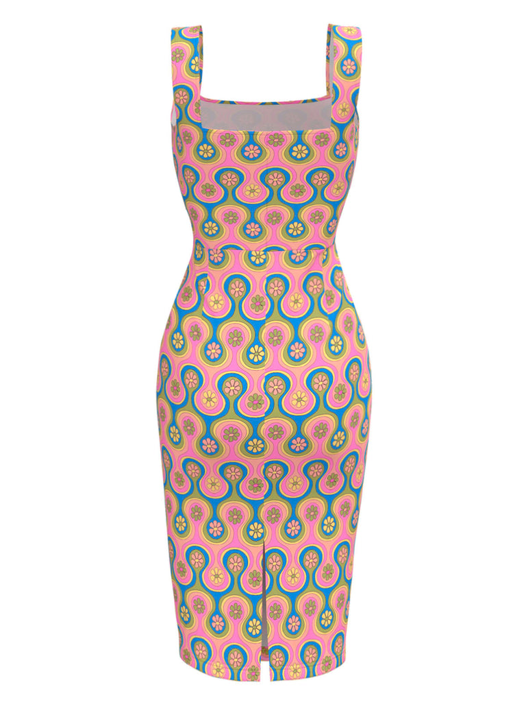 [Prévente] Robe crayon col carré florale et arc-en-ciel des années 1960