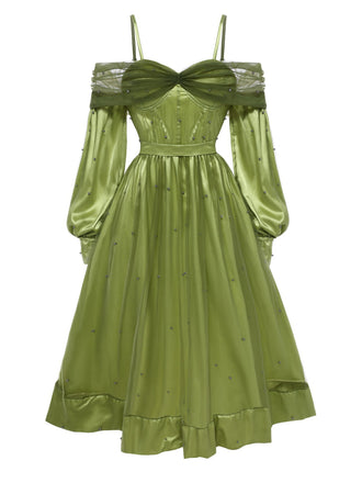 Robe à épaules dénudées et bretelles en maille et satin chartreuse des années 1950