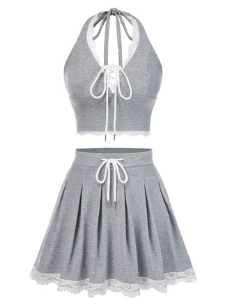 2PCS Haut à licou dentelle et jupe plissée gris clair années 1950