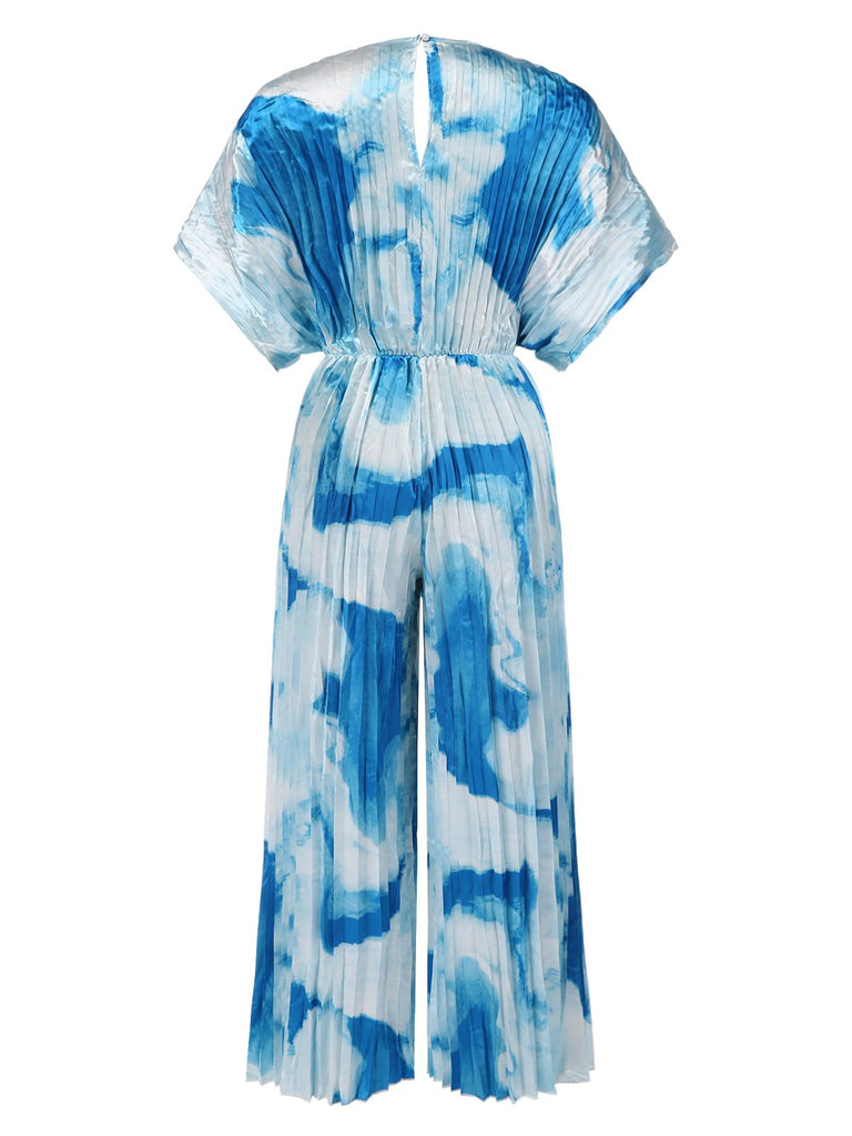 Combinaison plissée tie-dye à col en V à anneaux années 1930
