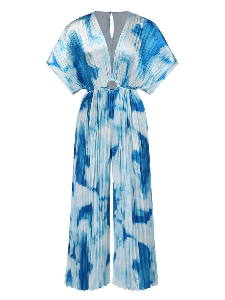 Combinaison plissée tie-dye à col en V à anneaux années 1930