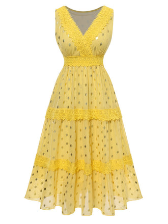 Robe jaune à pois et dentelle patchwork des années 1950