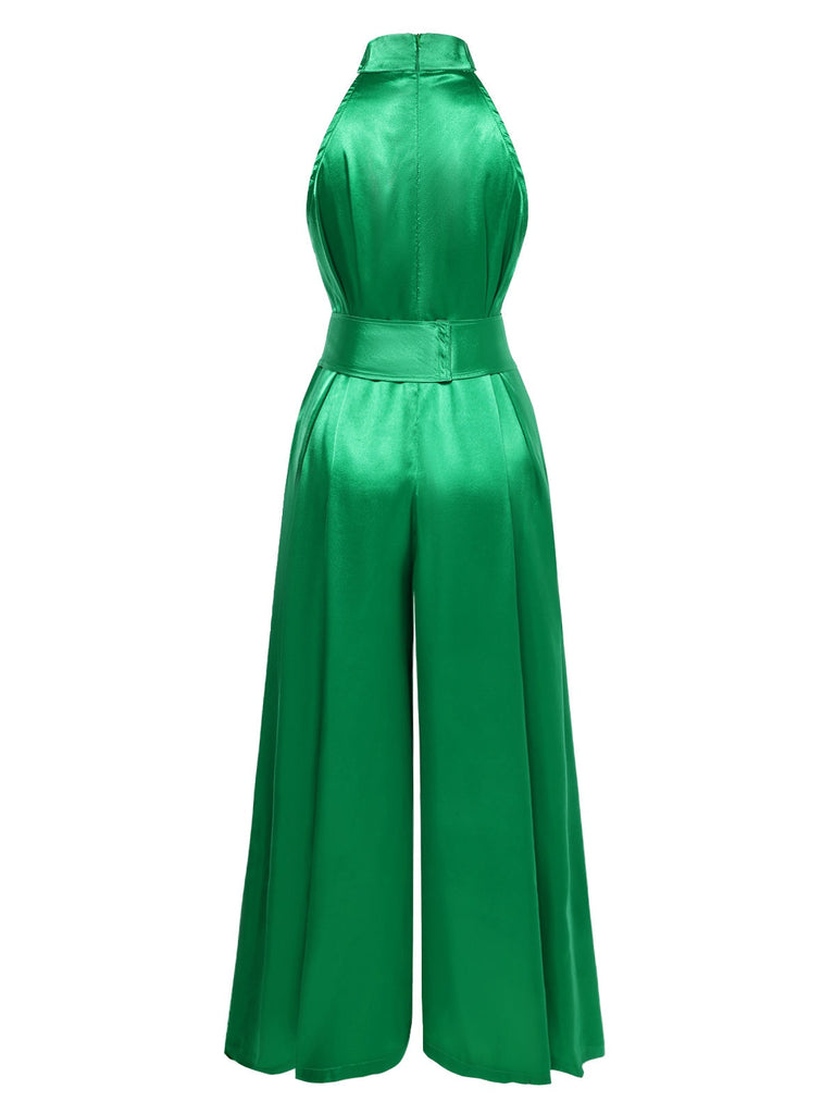 Combinaison large verte à col montant en satin années 1930