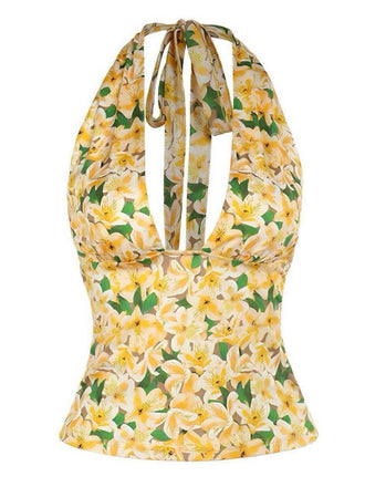 Haut dos nu fleurie jaune col V profond des années 1950