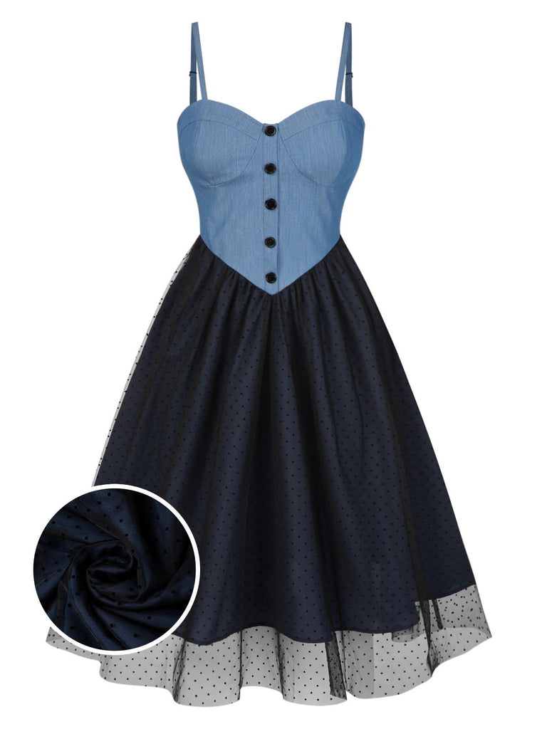 [Prévente] Robe bleue en denim à pois et maille années 1950