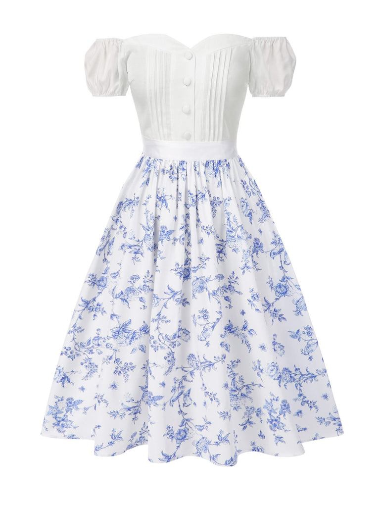 [Prévente] 2PCS hauts bouffants blancs épaules dénudées et jupe fleurie bleue années 1950
