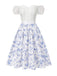 [Prévente] 2PCS hauts bouffants blancs épaules dénudées et jupe fleurie bleue années 1950