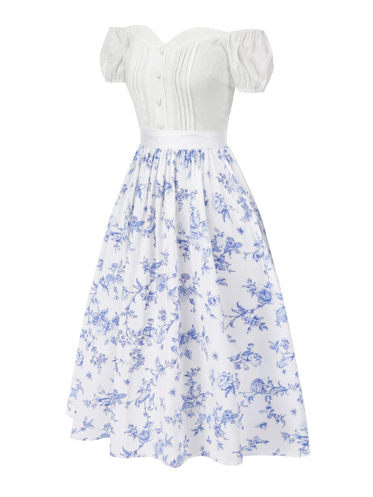 [Prévente] 2PCS hauts bouffants blancs épaules dénudées et jupe fleurie bleue années 1950