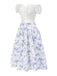 [Prévente] 2PCS hauts bouffants blancs épaules dénudées et jupe fleurie bleue années 1950