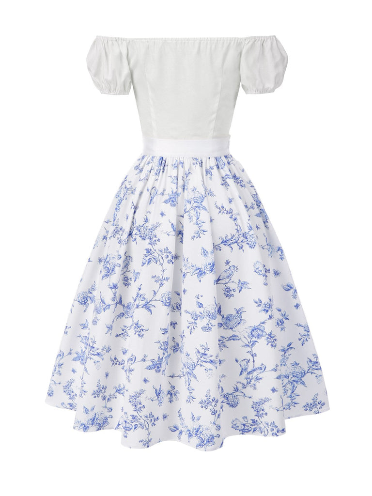 [Prévente] 2PCS hauts bouffants blancs épaules dénudées et jupe fleurie bleue années 1950