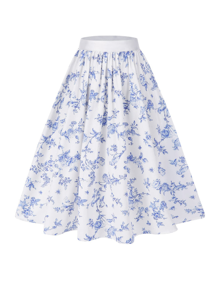 [Prévente] 2PCS hauts bouffants blancs épaules dénudées et jupe fleurie bleue années 1950