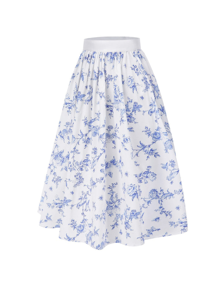 [Prévente] 2PCS hauts bouffants blancs épaules dénudées et jupe fleurie bleue années 1950