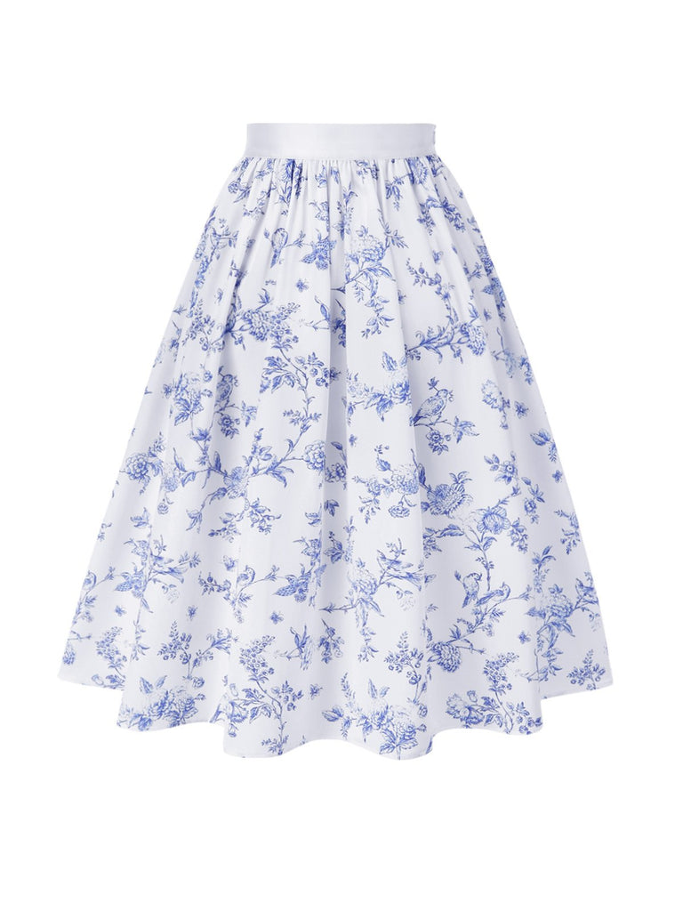 [Prévente] 2PCS hauts bouffants blancs épaules dénudées et jupe fleurie bleue années 1950