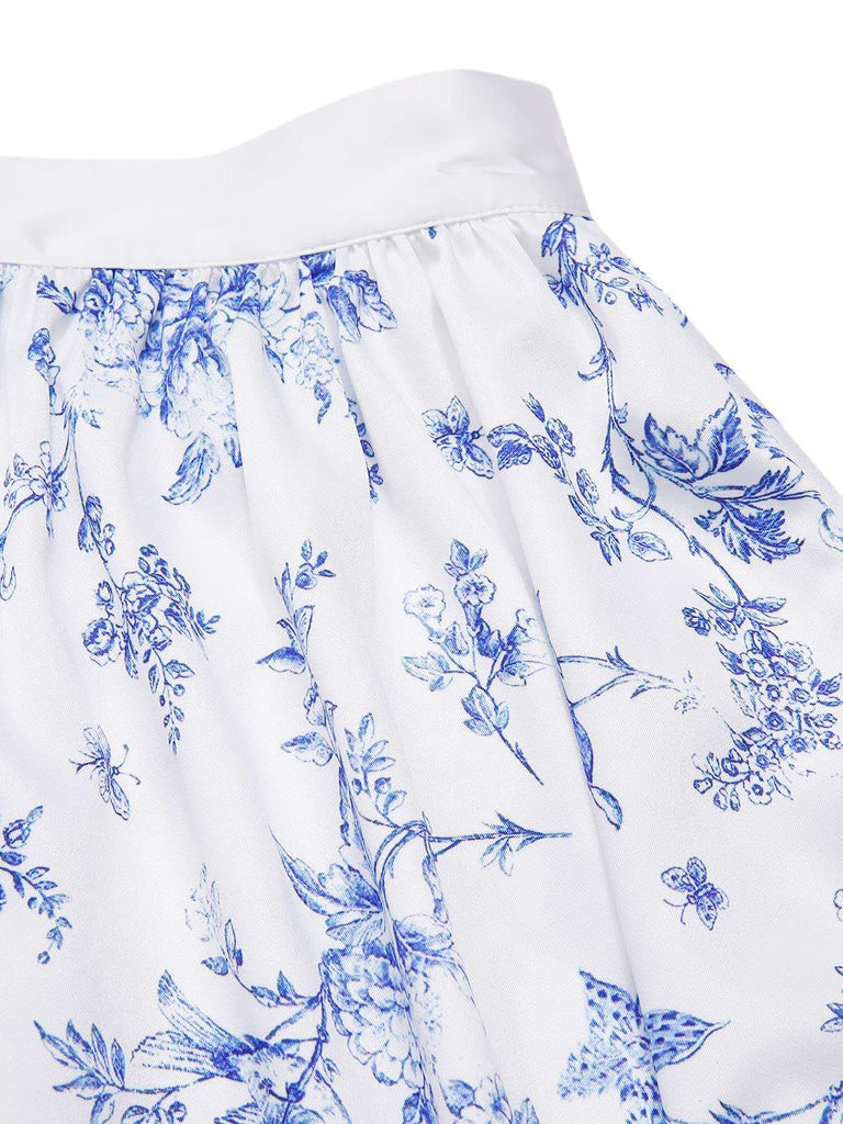 [Prévente] 2PCS hauts bouffants blancs épaules dénudées et jupe fleurie bleue années 1950
