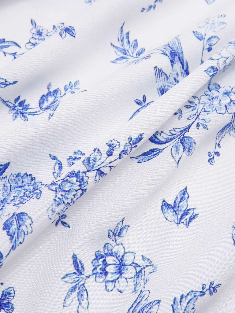 [Prévente] 2PCS hauts bouffants blancs épaules dénudées et jupe fleurie bleue années 1950