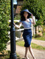 Robe crayon rayures bleu foncé manches bouffantes années 1960