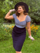 Robe crayon rayures bleu foncé manches bouffantes années 1960