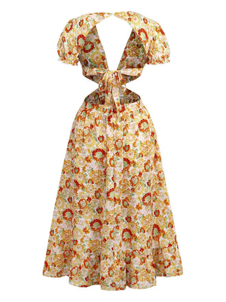 Robe bohème orange tournesol à col en V profond années 1970