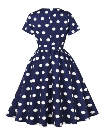 Robe trapèze bleu foncé à pois des années 1950