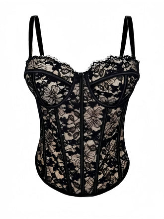 Corset noire fleur à chevrons en dentelle des années 1970