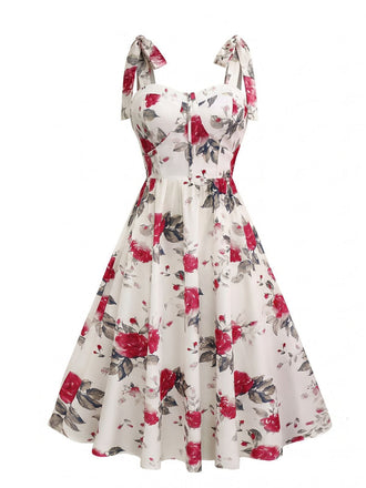 Robe trapèze blanche à lacets et imprimé roses des années 1950