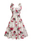 Robe trapèze blanche à lacets et imprimé roses des années 1950
